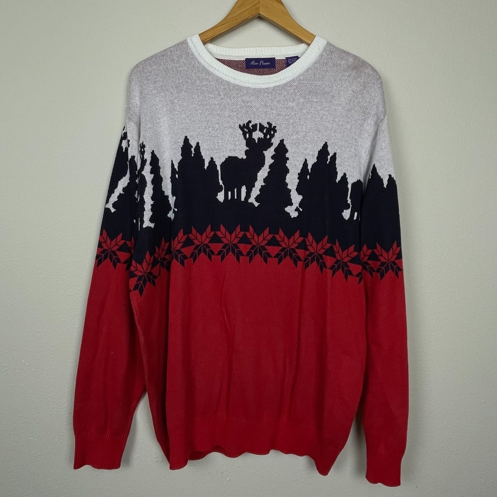 Alan Flusser XL Fair Isle Sweater Red White Blue Moose Intarsia GrandpaCore Prep